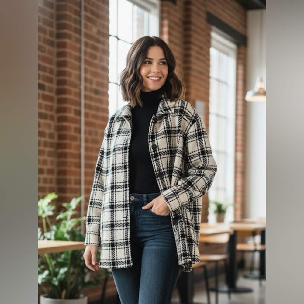 Plaid Oversized Jacket Shirt Black White Unbranded Large